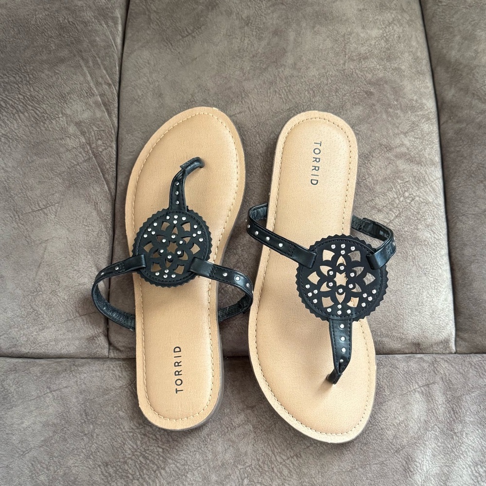 Torrid Black and Tan Sandals with Medallion Design